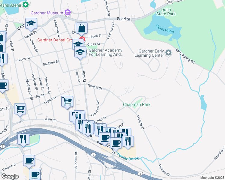map of restaurants, bars, coffee shops, grocery stores, and more near 101 Temple Street in Gardner