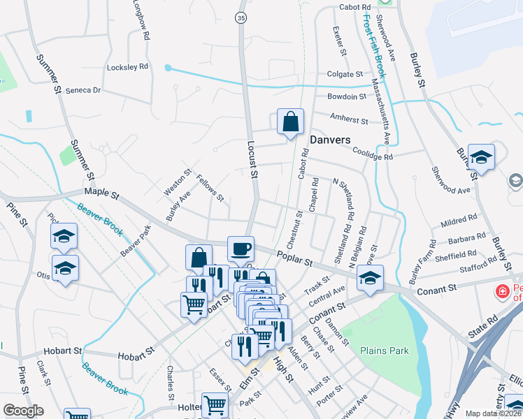 map of restaurants, bars, coffee shops, grocery stores, and more near 49 Locust Street in Danvers
