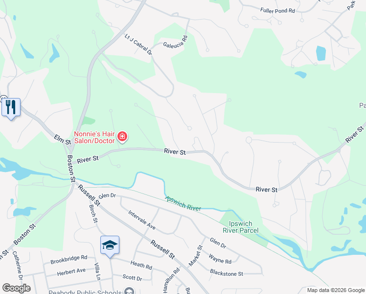 map of restaurants, bars, coffee shops, grocery stores, and more near 119 River Street in Middleton