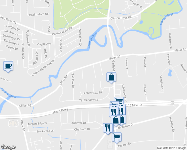 map of restaurants, bars, coffee shops, grocery stores, and more near 37423 Casa Bella Court in Charter Township of Clinton