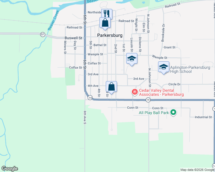 map of restaurants, bars, coffee shops, grocery stores, and more near 800 3rd Street in Parkersburg
