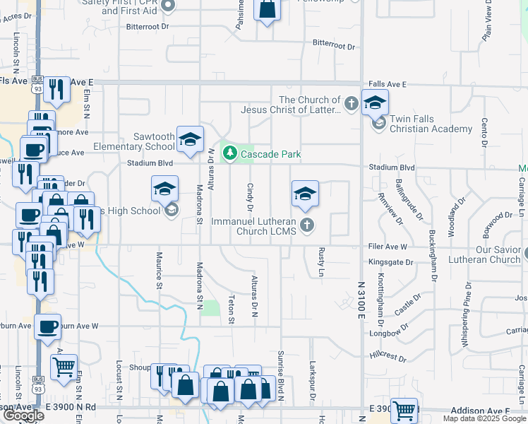 map of restaurants, bars, coffee shops, grocery stores, and more near 568 Cindy Drive in Twin Falls
