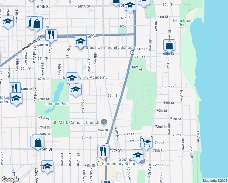 map of restaurants, bars, coffee shops, grocery stores, and more near 6750 12th Avenue in Kenosha