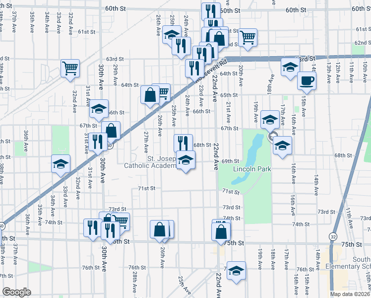 map of restaurants, bars, coffee shops, grocery stores, and more near 6820 24th Avenue in Kenosha