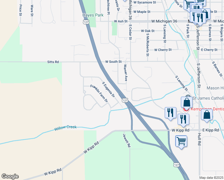 map of restaurants, bars, coffee shops, grocery stores, and more near 1002 Eugenia Drive in Mason