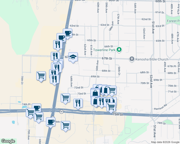 map of restaurants, bars, coffee shops, grocery stores, and more near 6018 69th Street in Kenosha