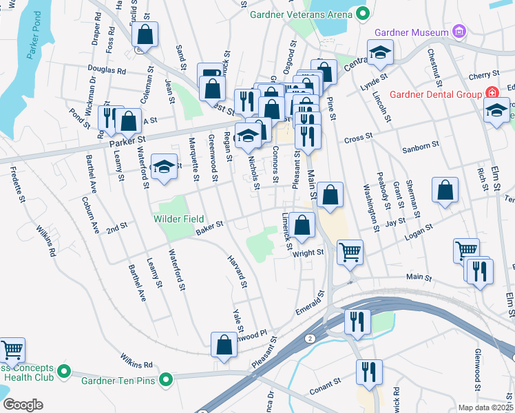 map of restaurants, bars, coffee shops, grocery stores, and more near 85 Baker Street in Gardner