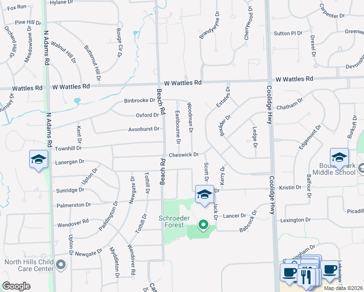 map of restaurants, bars, coffee shops, grocery stores, and more near 2420 Cheswick Drive in Troy