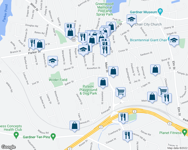 map of restaurants, bars, coffee shops, grocery stores, and more near 25 Baker Street in Gardner