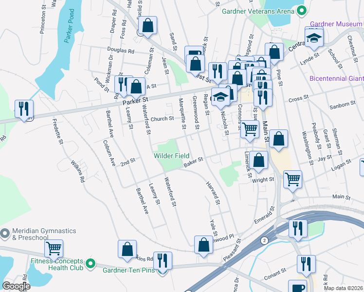 map of restaurants, bars, coffee shops, grocery stores, and more near 127 Marquette Street in Gardner