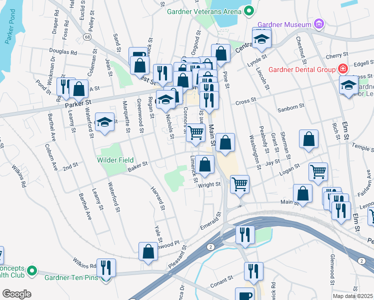 map of restaurants, bars, coffee shops, grocery stores, and more near 25 Baker Street in Gardner