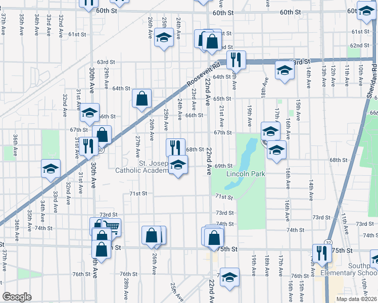 map of restaurants, bars, coffee shops, grocery stores, and more near 6820 23rd Avenue in Kenosha