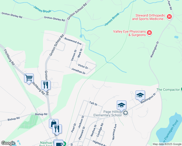 map of restaurants, bars, coffee shops, grocery stores, and more near 23 Jonathan Drive in Ayer