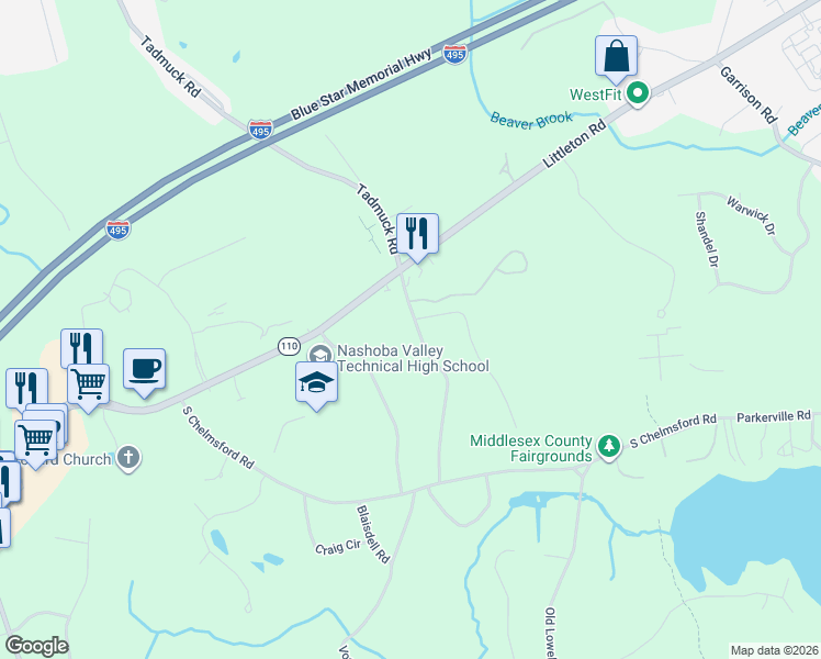 map of restaurants, bars, coffee shops, grocery stores, and more near 79 Tadmuck Road in Westford