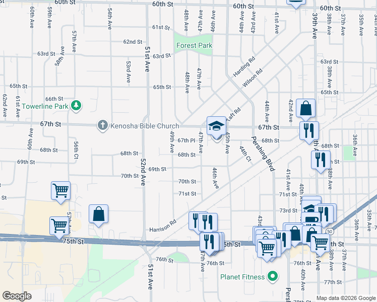 map of restaurants, bars, coffee shops, grocery stores, and more near 4800 68th Street in Kenosha