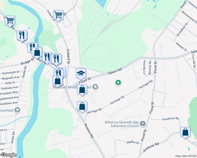 map of restaurants, bars, coffee shops, grocery stores, and more near 23 Floyd Street in Billerica