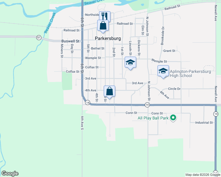 map of restaurants, bars, coffee shops, grocery stores, and more near 800-898 3rd St in Parkersburg