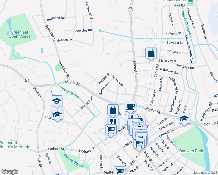 map of restaurants, bars, coffee shops, grocery stores, and more near 58 Lindall Street in Danvers