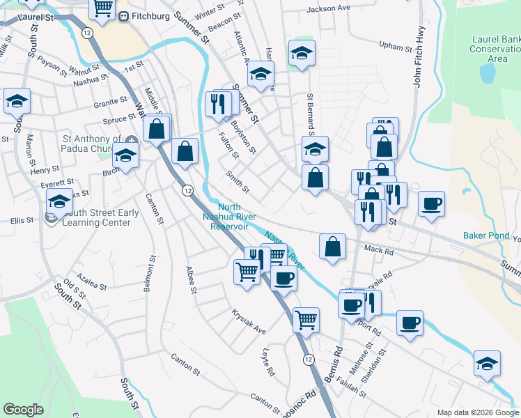 map of restaurants, bars, coffee shops, grocery stores, and more near 75 Smith Street in Fitchburg