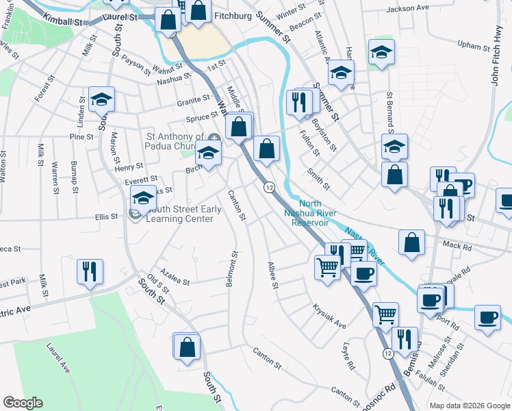 map of restaurants, bars, coffee shops, grocery stores, and more near 6 Cleveland Street in Fitchburg