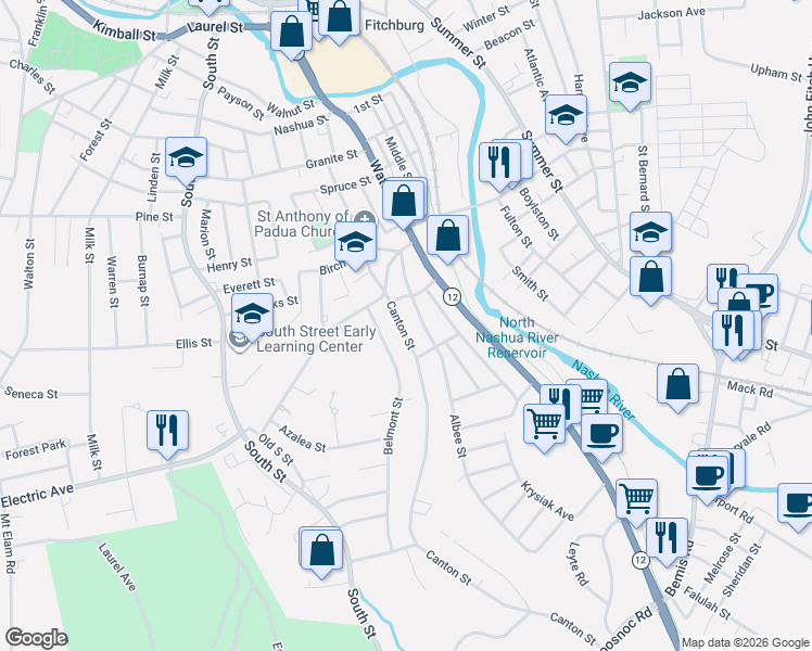 map of restaurants, bars, coffee shops, grocery stores, and more near 6 Cleveland Street in Fitchburg