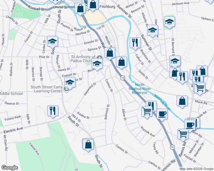 map of restaurants, bars, coffee shops, grocery stores, and more near 42 Belmont Street in Fitchburg