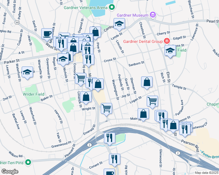 map of restaurants, bars, coffee shops, grocery stores, and more near 143 Washington Street in Gardner