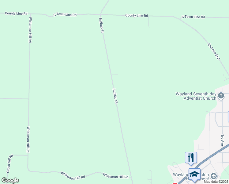 map of restaurants, bars, coffee shops, grocery stores, and more near 11745 Buffalo Street in Wayland