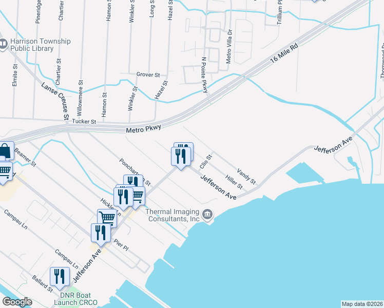 map of restaurants, bars, coffee shops, grocery stores, and more near 37089 Jefferson Avenue in Harrison Township