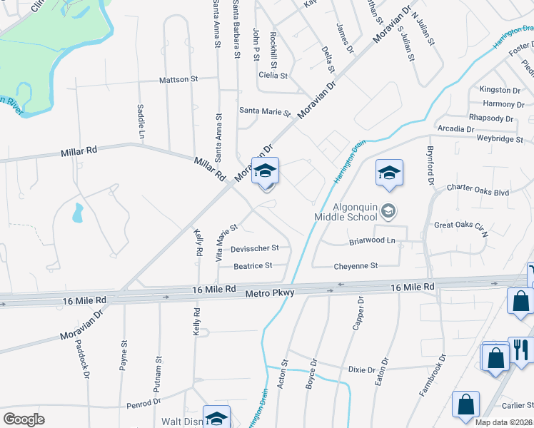 map of restaurants, bars, coffee shops, grocery stores, and more near 18639 Gina Court in Clinton Township