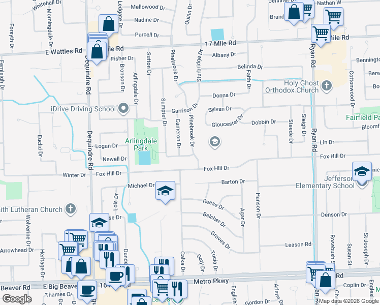 map of restaurants, bars, coffee shops, grocery stores, and more near 2836 Bainbridge Drive in Sterling Heights