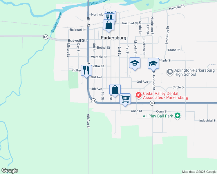 map of restaurants, bars, coffee shops, grocery stores, and more near 800-898 3rd St in Parkersburg