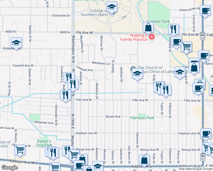 map of restaurants, bars, coffee shops, grocery stores, and more near 545 Monroe Street in Twin Falls