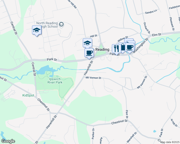 map of restaurants, bars, coffee shops, grocery stores, and more near 109 Haverhill Street in North Reading
