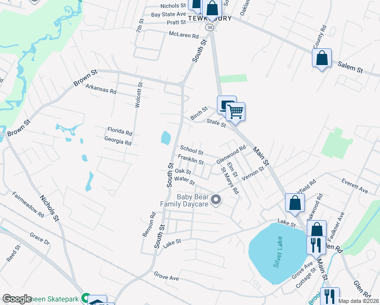 map of restaurants, bars, coffee shops, grocery stores, and more near 8 Central Street in Tewksbury