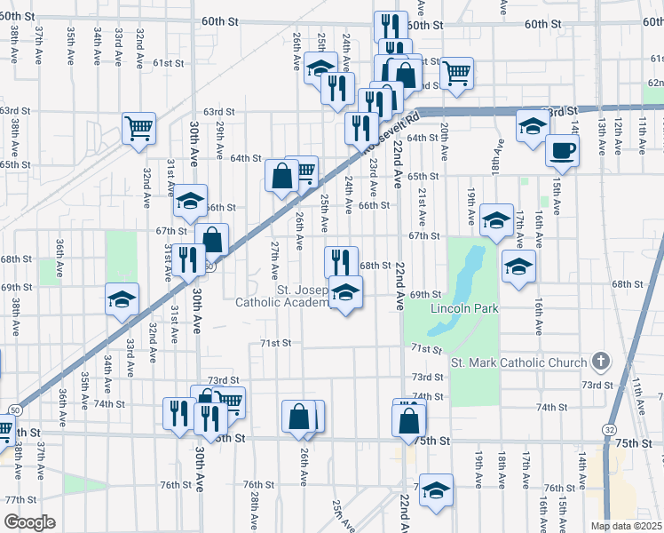 map of restaurants, bars, coffee shops, grocery stores, and more near 6820 24th Avenue in Kenosha