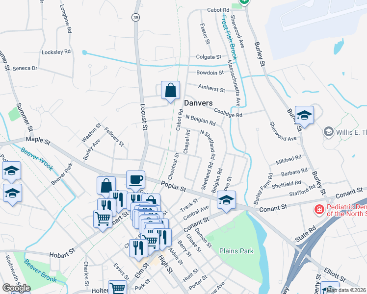 map of restaurants, bars, coffee shops, grocery stores, and more near 48 Columbia Road in Danvers