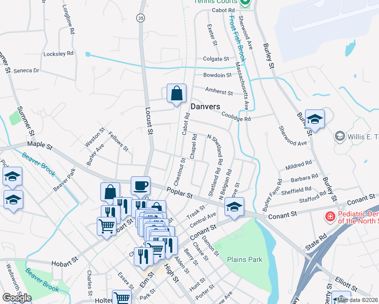 map of restaurants, bars, coffee shops, grocery stores, and more near 48 Columbia Road in Danvers