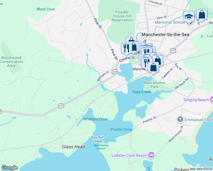 map of restaurants, bars, coffee shops, grocery stores, and more near 38 Bridge Street in Manchester-by-the-Sea