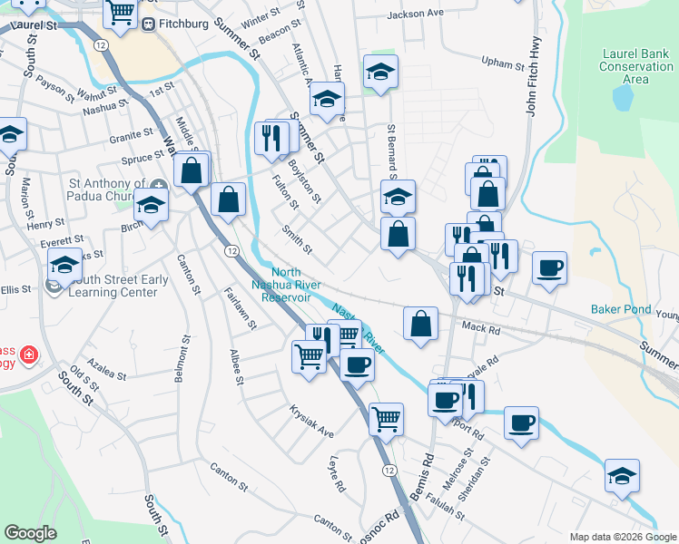 map of restaurants, bars, coffee shops, grocery stores, and more near 75 Smith Street in Fitchburg