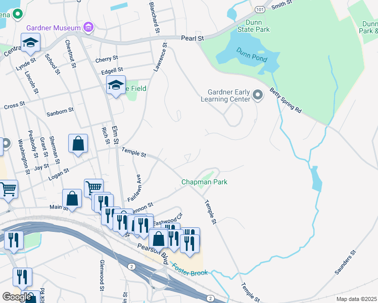 map of restaurants, bars, coffee shops, grocery stores, and more near 39 Hospital Hill Road in Gardner