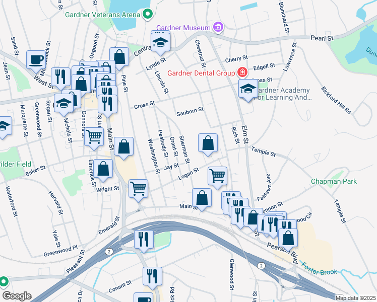 map of restaurants, bars, coffee shops, grocery stores, and more near 24 Grant Street in Gardner