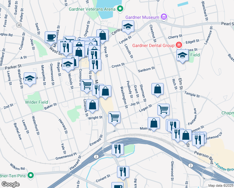 map of restaurants, bars, coffee shops, grocery stores, and more near 143 Washington Street in Gardner