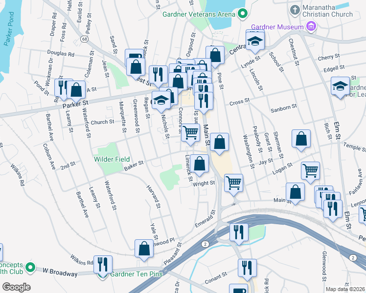 map of restaurants, bars, coffee shops, grocery stores, and more near 38 Baker Street in Gardner