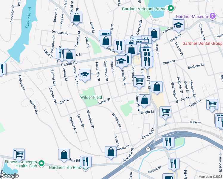 map of restaurants, bars, coffee shops, grocery stores, and more near 119 Greenwood Street in Gardner