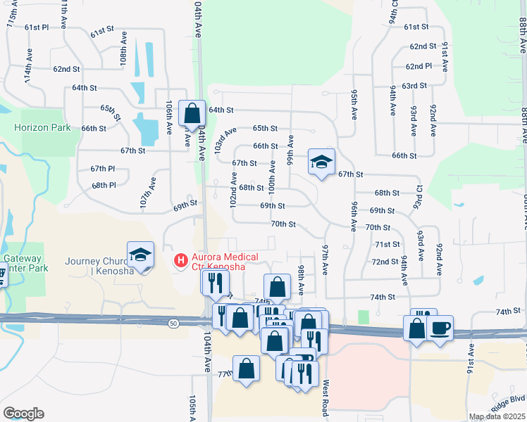 map of restaurants, bars, coffee shops, grocery stores, and more near 10001 70th Street in Kenosha