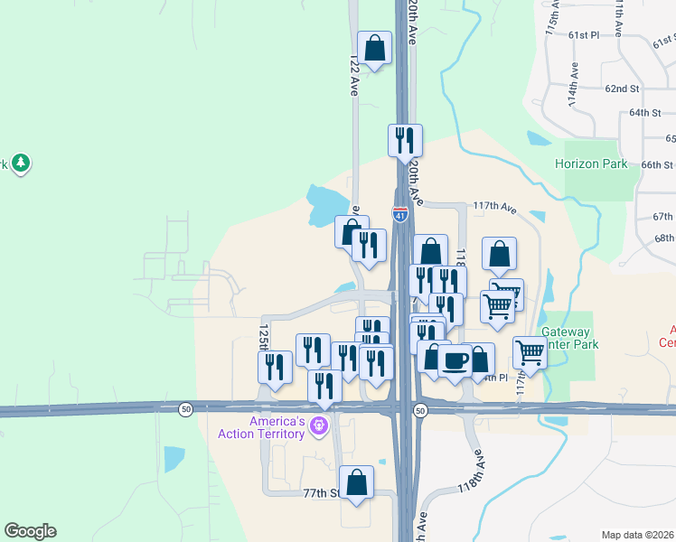 map of restaurants, bars, coffee shops, grocery stores, and more near 12200 71st Street in Kenosha