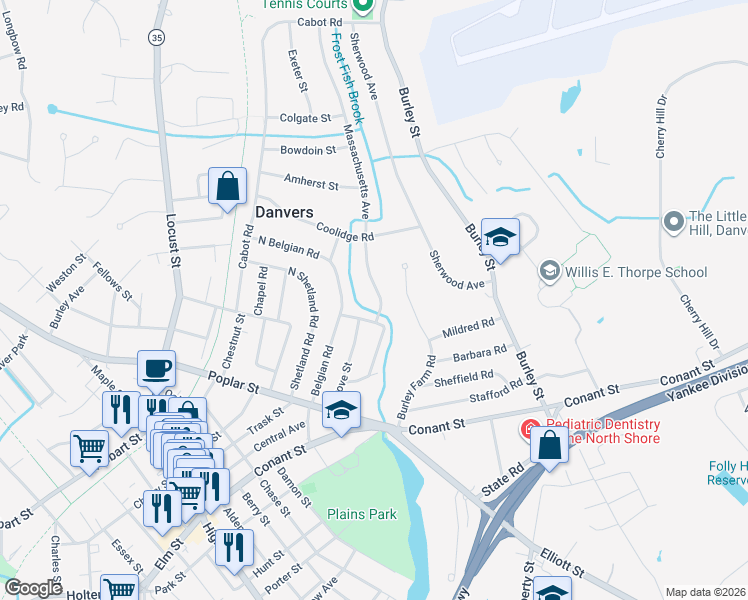 map of restaurants, bars, coffee shops, grocery stores, and more near 0 Massachusetts Avenue in Danvers