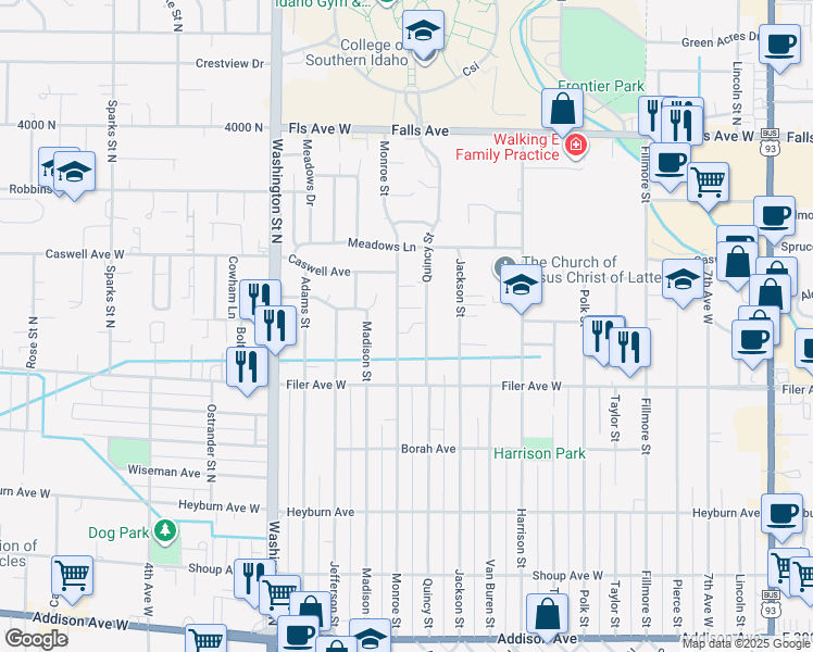 map of restaurants, bars, coffee shops, grocery stores, and more near 592 Monroe Street in Twin Falls