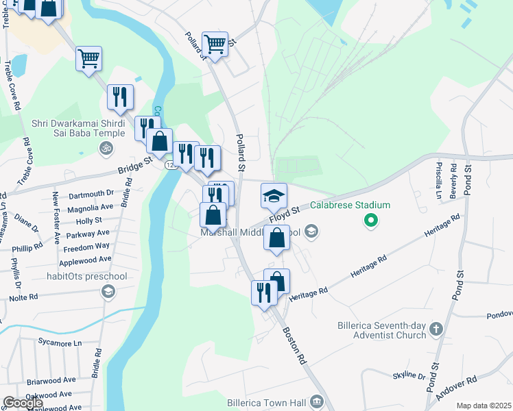 map of restaurants, bars, coffee shops, grocery stores, and more near 52 Parlmont Park in Billerica